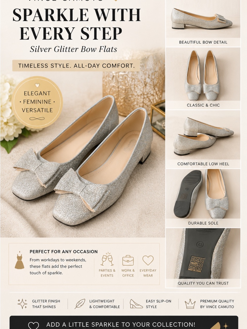 Silver Glitter Flats with Bow